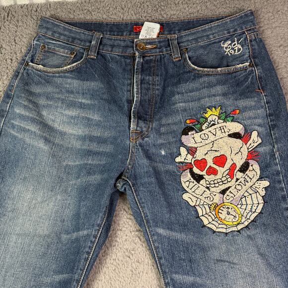 Vintage Y2K Ed Hardy Jeans 38x30 Christian Audigier Embroidered Skull Baggy - Picture 1 of 16